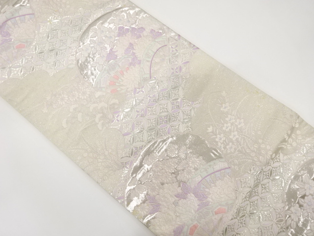 JAPANESE KIMONO / ANTIQUE FUKURO OBI / SILK / WOVEN FLOWER & SHIPPO PATTERN